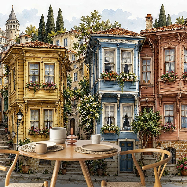 Galata Kulesi ve Renkli Cumbalı Evler Duvar Kağıdı Sarı, mavi ve somon renkli cumbalı evler ile arkada Galata Kulesi bulunan duvar kağıdının yakın plan yemek alanı sunumu.