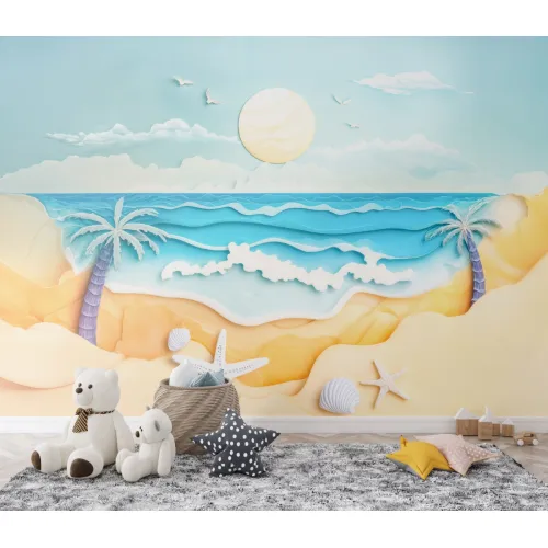 Pastel Tonlarda Deniz ve Sahil Temalı Çocuk Odası Duvar Kağıdı