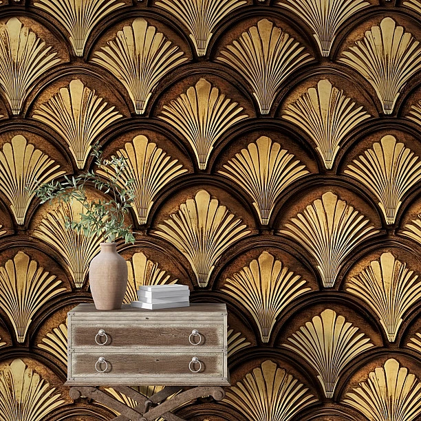 Art Deco Yelpaze Desenli Altın ve Kahverengi Dijital Baskı Duvar Kağıdı Art Deco Yelpaze Desenli Altın ve Kahverengi Dijital Baskı Duvar Kağıdı