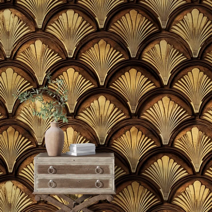Art Deco Yelpaze Desenli Altın ve Kahverengi Dijital Baskı Duvar Kağıdı