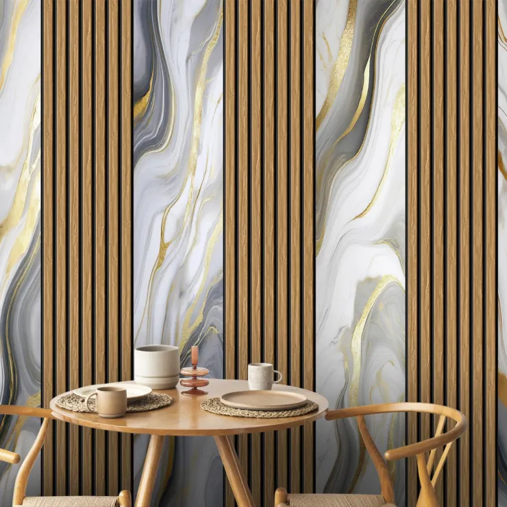 Altın Detaylı Mermer Desenli Ahşap Panel Duvar Kağıdı