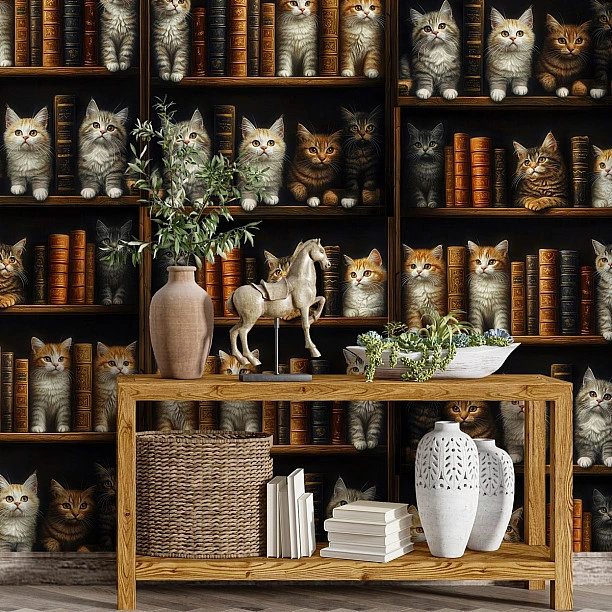 Kitaplık ve Kedi Figürlü Duvar Kağıdı Kitaplık ve Kedi Figürlü Duvar Kağıdı