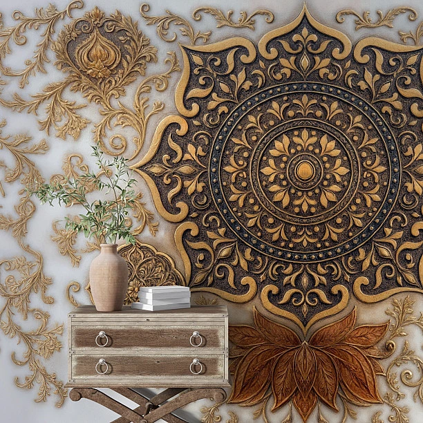 Altın Mandala Desenli 3D Lüks Duvar Kağıdı Altın Mandala Desenli 3D Lüks Duvar Kağıdı