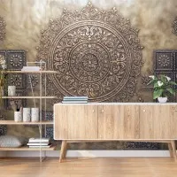 Vintage Bronz Mandala ve Kare Desenli Duvar Kağıdı