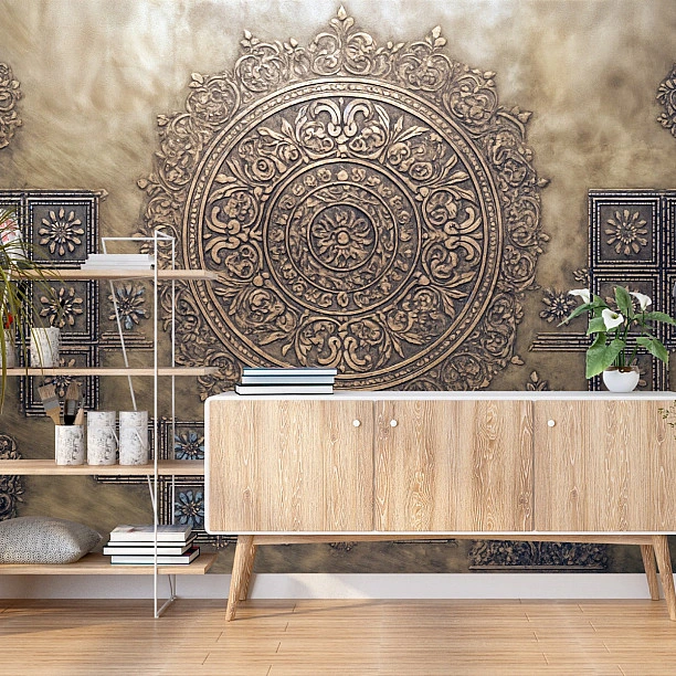 Vintage Bronz Mandala ve Kare Desenli Duvar Kağıdı Vintage Bronz Mandala ve Kare Desenli Duvar Kağıdı