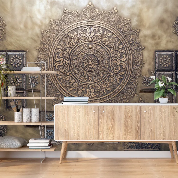 Vintage Bronz Mandala ve Kare Desenli Duvar Kağıdı
