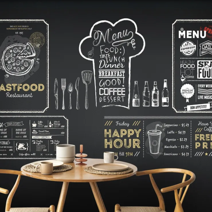Kafe ve Restoran Konseptli Menü Yazı Panosu Tasarımlı Duvar Kağıdı