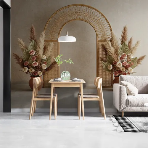 Bohem Tarz Rattan Kemer ve Pampas Çiçek Aranjmanlı Dijital Baskı Duvar Kağıdı