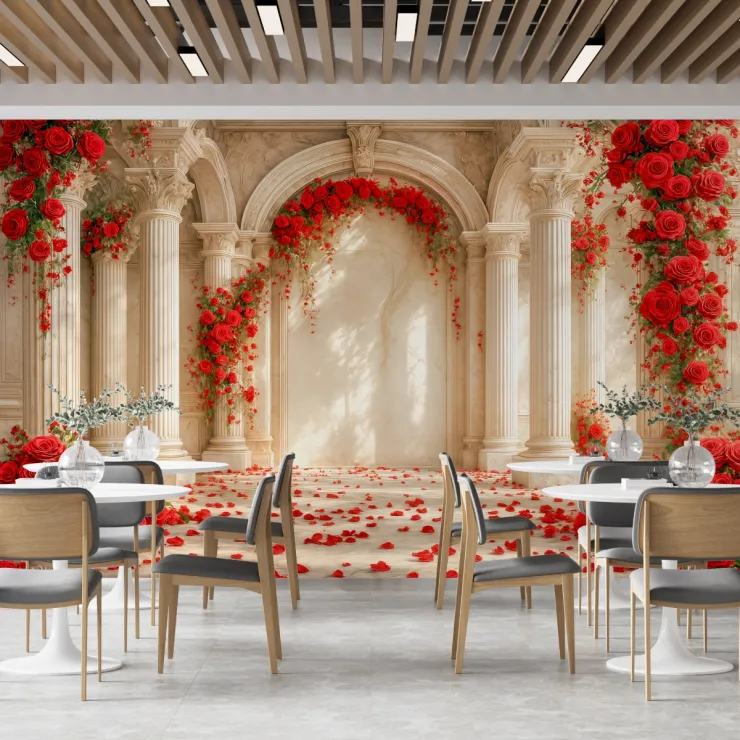 Kırmızı Güller ve Klasik Sütunlu Romantik Duvar Kağıdı