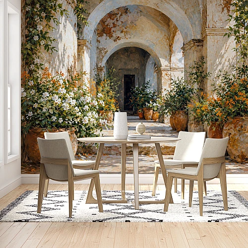 Çiçekli Saksılar ve Kemerli Koridor Duvar Kağıdı