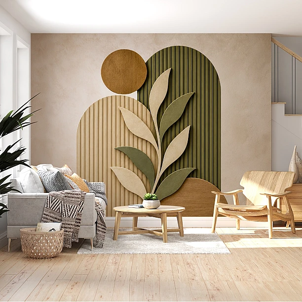Zeytin Yeşili Yaprak ve Kemer Desenli Duvar Kağıdı Salon duvarında bej ve zeytin yeşili çizgili kemerler, büyük yapraklar ve hardal tonlu dairelerden oluşan duvar kağıdı