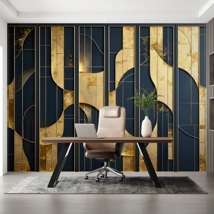 Art Deco Altın Geometrik Şekiller Lacivert Dijital Baskı Duvar Kağıdı