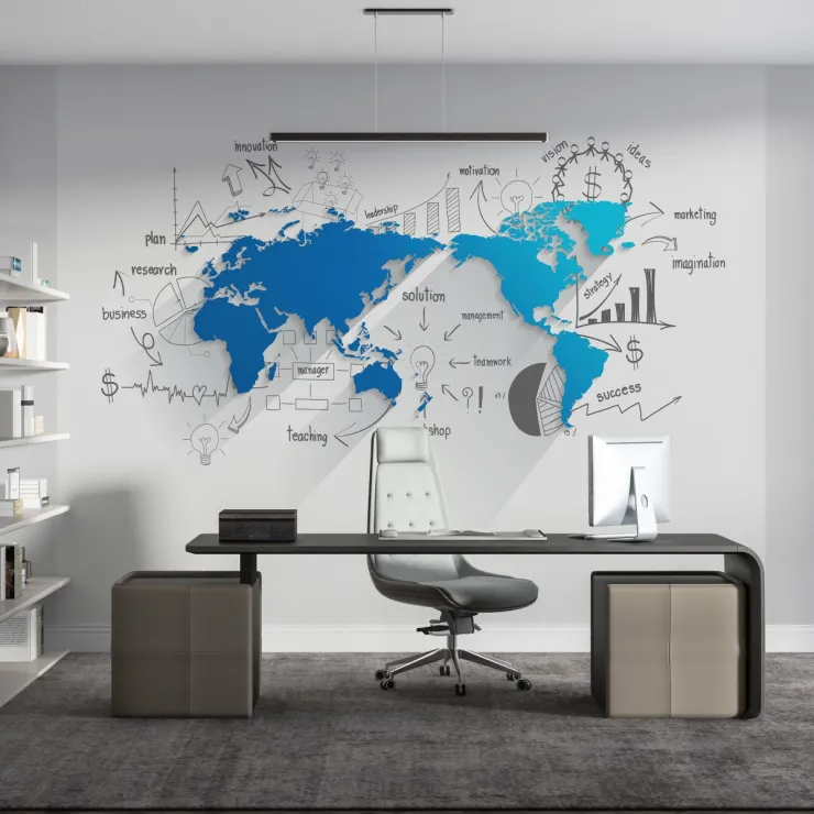 Mavi Dünya Haritası ve İş Stratejisi Eskizli Modern Ofis Duvar Kağıdı Mavi Dünya Haritası ve İş Stratejisi Eskizli Modern Ofis Duvar Kağıdı