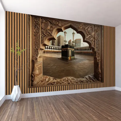 Kabe Manzaralı Ahşap Oyma İslami 3D Dijital Baskı Duvar Kağıdı