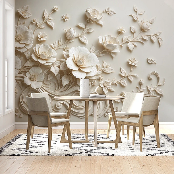 Bej Rengi Çiçekler ve Yapraklar 3D Rölyef Dijital Baskı Duvar Kağıdı