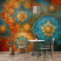 3D Kabartmalı Mandala Desenli Renkli Duvar Kağıdı