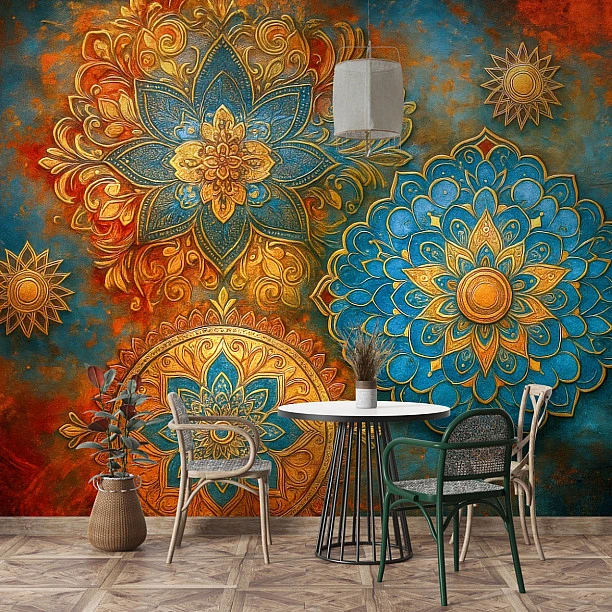 3D Kabartmalı Mandala Desenli Renkli Duvar Kağıdı