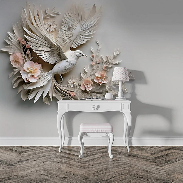3D Beyaz Kuş ve Çiçekler Duvar Kağıdı 3D Beyaz Kuş ve Çiçekler Duvar Kağıdı
