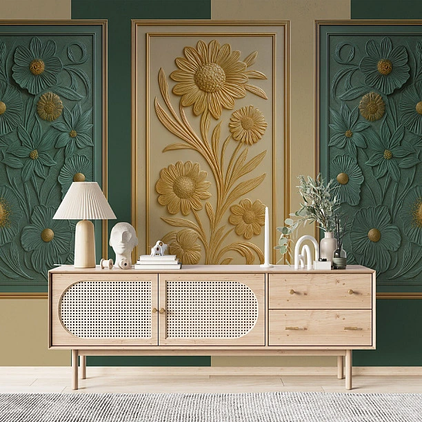 Çiçek Kabartmalı Zümrüt Panel Desenli Klasik Duvar Kağıdı