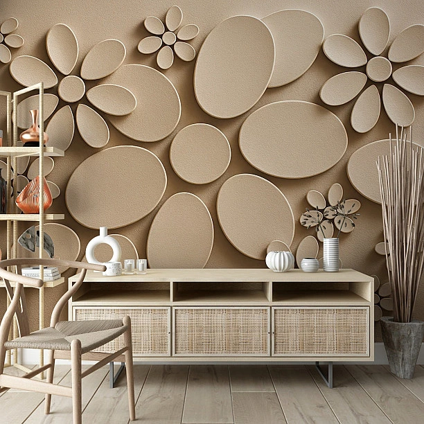 3D Bej Oval Çiçek Desenli Modern Duvar Kağıdı 3D Bej Oval Çiçek Desenli Modern Duvar Kağıdı