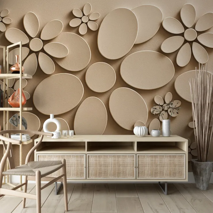 3D Bej Oval Çiçek Desenli Modern Duvar Kağıdı