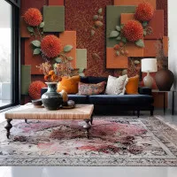 Çiçek Paneller – Terracotta & Zeytin Yeşili 3D Dekoratif Duvar Kağıdı