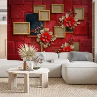 Kadife Paneller & Altın Çiçekler – Luxury Floral Art Duvar Kağıdı