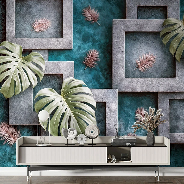Turkuaz Beton Paneller & Monstera Yaprakları – Modern Botanical Duvar Kağıdı Turkuaz Beton Paneller & Monstera Yaprakları – Modern Botanical Duvar Kağıdı