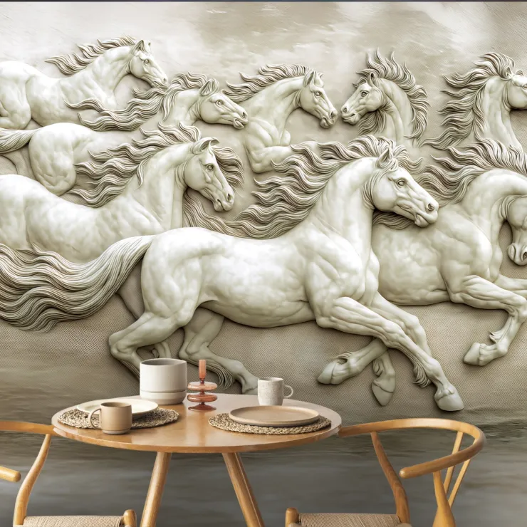 3D Kabartma Atlar Temalı Sanatsal Duvar Kağıdı