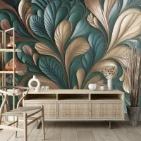 Zümrüt ve Krem Tonlarında Soyut Organik Formlu 3D Sanatsal Duvar Kağıdı