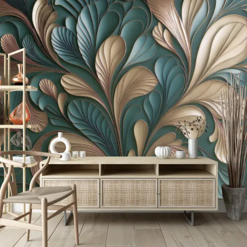 Zümrüt ve Krem Tonlarında Soyut Organik Formlu 3D Sanatsal Duvar Kağıdı