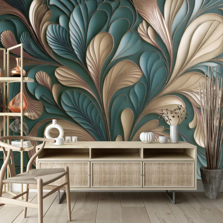 Zümrüt ve Krem Tonlarında Soyut Organik Formlu 3D Sanatsal Duvar Kağıdı Zümrüt ve Krem Tonlarında Soyut Organik Formlu 3D Sanatsal Duvar Kağıdı
