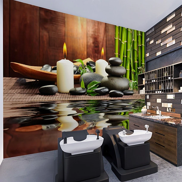 Spa Taşları ve Mumlar ile Bambu Duvar Kağıdı Spa Taşları ve Mumlar ile Bambu Duvar Kağıdı