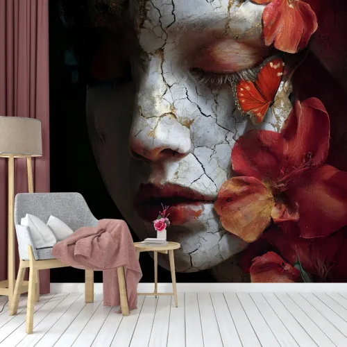 Kırık Porselen Yüz ve Kırmızı Çiçek Temalı Sanatsal Duvar Kağıdı