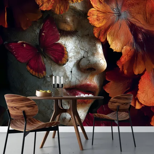Kırık Seramik Yüz ve Turuncu Çiçek Temalı Dramatik Duvar Kağıdı