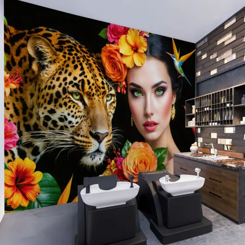 Egzotik Çiçekler Kuş ve Leoparlı Kadın Portresi Dijital Baskı Duvar Kağıdı