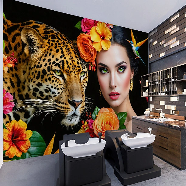 Egzotik Çiçekler Kuş ve Leoparlı Kadın Portresi Dijital Baskı Duvar Kağıdı Egzotik Çiçekler Kuş ve Leoparlı Kadın Portresi Dijital Baskı Duvar Kağıdı