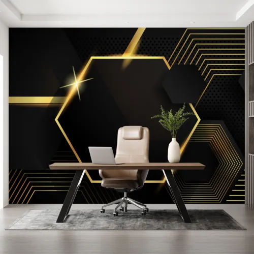 3D Siyah ve Altın Geometrik Desenli Duvar Kağıdı