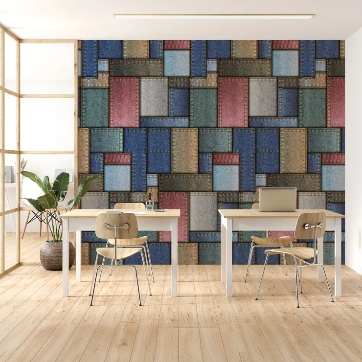 Renkli Denim Patchwork Desenli Duvar Kağıdı