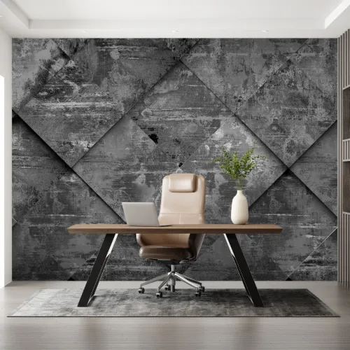 Gri Beton Efektli Geometrik 3D Duvar Kağıdı