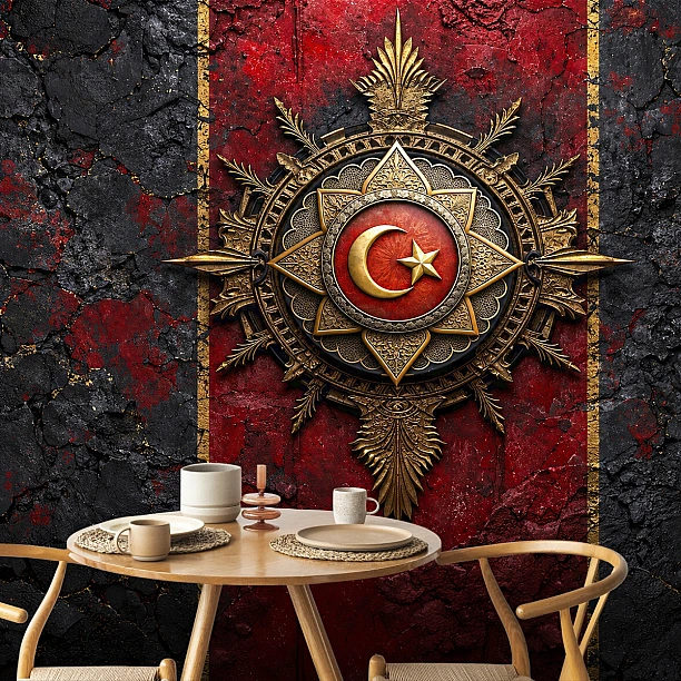 Ay Yıldız Madalyon Duvar Kağıdı Yemek alanında kırmızı siyah çatlak taş görünümlü zemin üzerinde altın tonlu ay yıldız madalyon desenli duvar kağıdı
