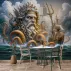 Poseidon ve Antik Gemi Temalı 3D Deniz Tasarımlı Duvar Kağıdı