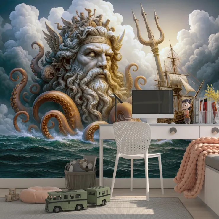Poseidon ve Antik Gemi Temalı 3D Deniz Tasarımlı Duvar Kağıdı