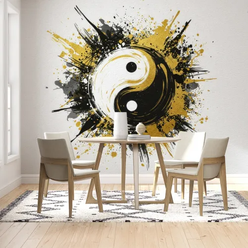 Soyut Boya Sıçramalı Yin Yang Sembolü Dijital Baskı Duvar Kağıdı
