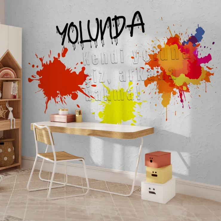 Yolunda Motivasyon Yazılı Renkli Sulu Boya Desenli Duvar Kağıdı