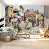 Taş Evleri ve Mor Çiçekler – Sanatsal Dokulu Duvar Kağıdı