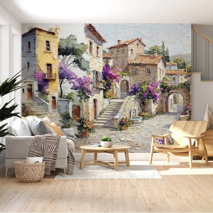 Taş Evleri ve Mor Çiçekler – Sanatsal Dokulu Duvar Kağıdı