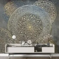 3D Gri Rölyef Daireli Geometrik Duvar Kağıdı