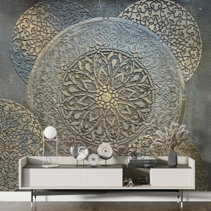 3D Gri Rölyef Daireli Geometrik Duvar Kağıdı