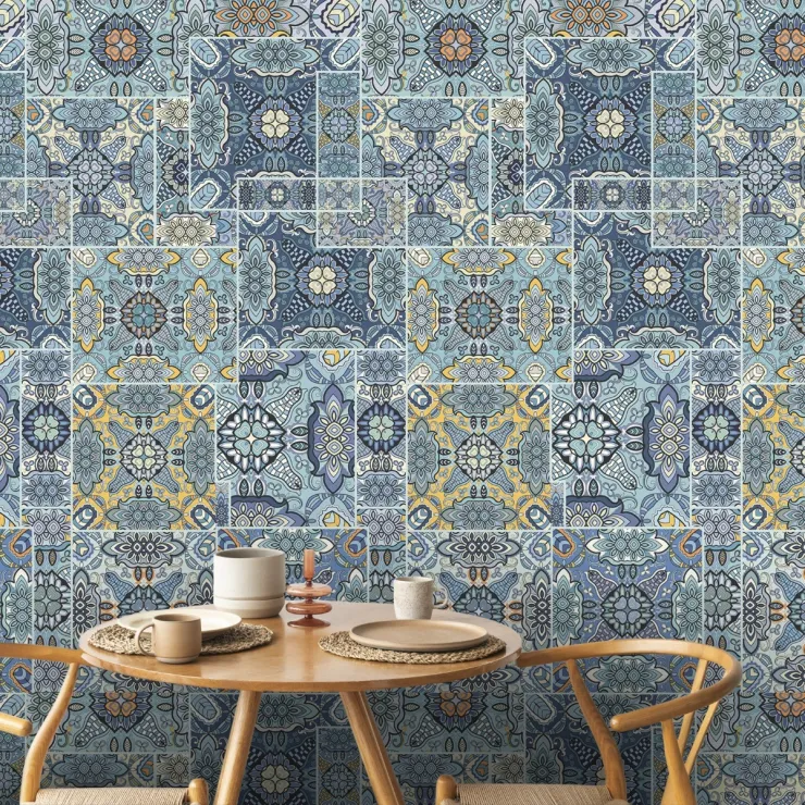 Mavi ve Sarı Akdeniz Seramik Desenli Retro Duvar Kağıdı